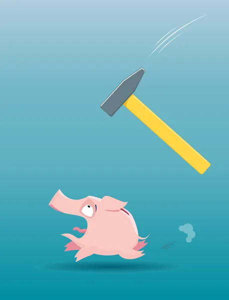 Piggy Bank huyendo del martillo que cae — Vector de stock