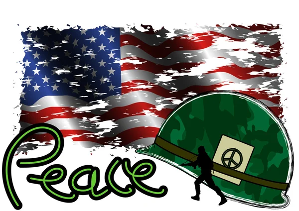 Ειρήνη σύμβολο κράνος και ΗΠΑ σημαία grunge — Διανυσματικό Αρχείο
