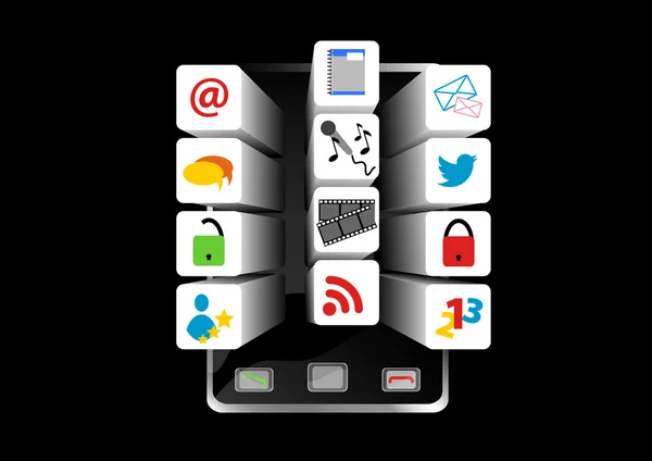 Smartphone de médias sociaux avec des icônes pop up — Image vectorielle