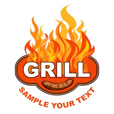 Grill sticker on fiery background. clipart