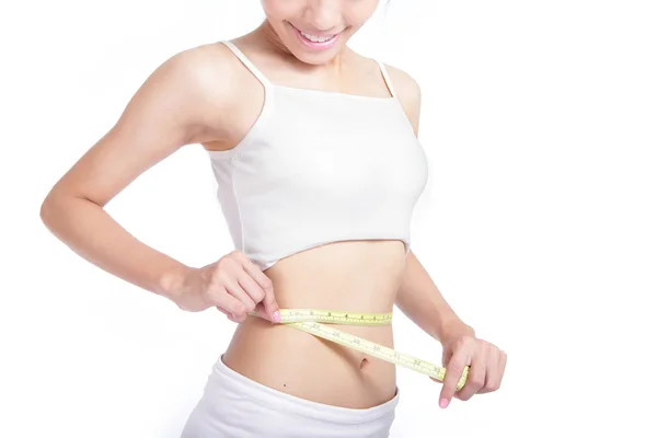 Woman look her body and measuring — Stock Photo, Image
