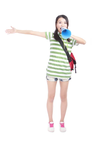 Young girl student yelling and talking to you — Stock Photo, Image