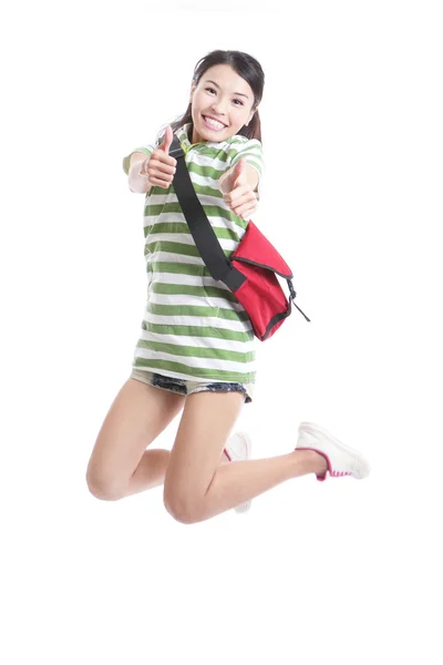 Estudiante chica saltando y buen gesto de mano — Foto de Stock