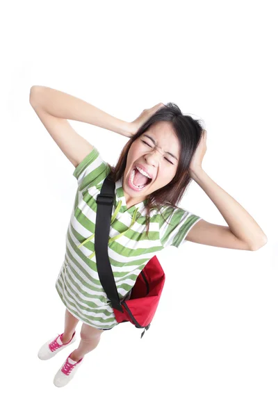 Junge Studentin schreit und zieht an den Haaren — Stockfoto