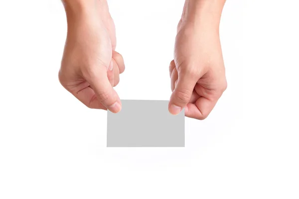 Beyaz arka plan üzerinde izole el ile boş kartvizit — Stok fotoğraf