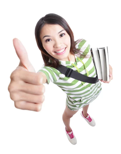 Excellence - girl student thumbs up hand gesture — Stock Photo, Image