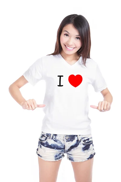 Girl Happy show white T-Shirt with Text (I love) — Stock Photo, Image