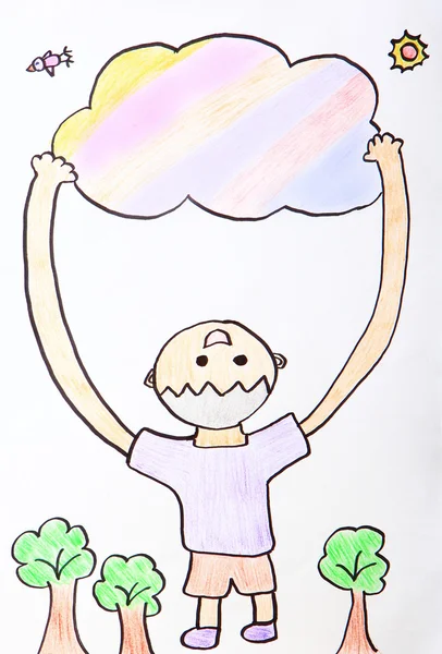 Pintura infantil - criança feliz abraço nuvem colorida — Fotografia de Stock