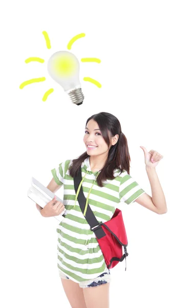 Student woman having an idea with light bulb — Stock Photo, Image