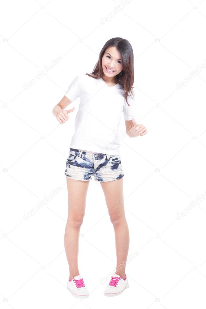 Young beauty girl show blank white T-shirt in full length, empty copy space in the image is ready for your design or logo, model is a asian woman