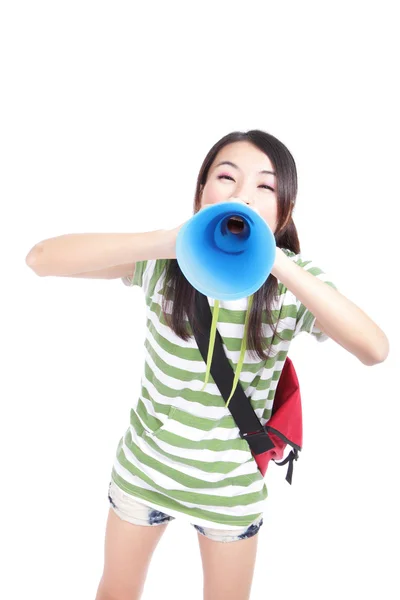 Ung flicka student skriker till dig genom MegaFon — Stockfoto
