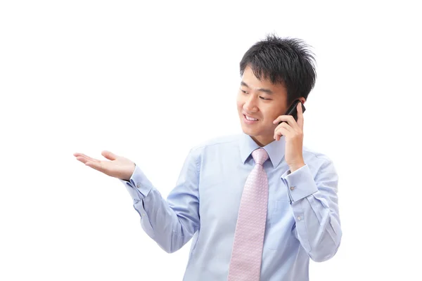 Homem de negócios apresentação e falando telefone — Fotografia de Stock