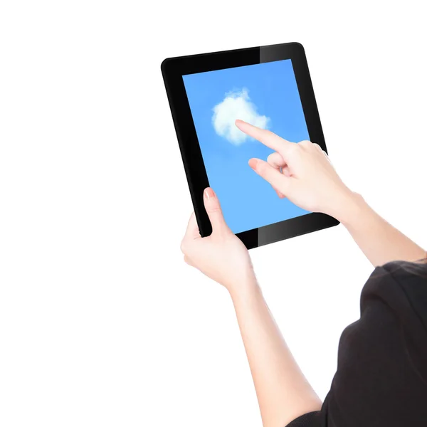 Γυναίκα τα χέρια χρησιμοποιώντας tablet pc και δάχτυλο αφής σύννεφο — Φωτογραφία Αρχείου