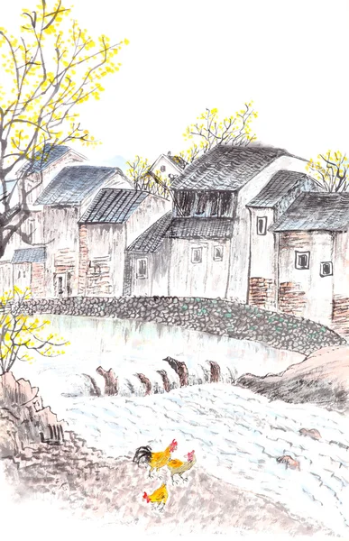 Παραδοσιακή κινεζική ζωγραφική της χώρας landscpe — Φωτογραφία Αρχείου
