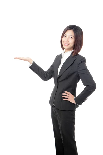Business woman showing copy space by hand — Stock Photo, Image