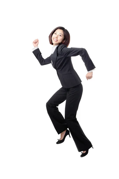 Mulher de negócios bonita feliz correndo e pular — Fotografia de Stock