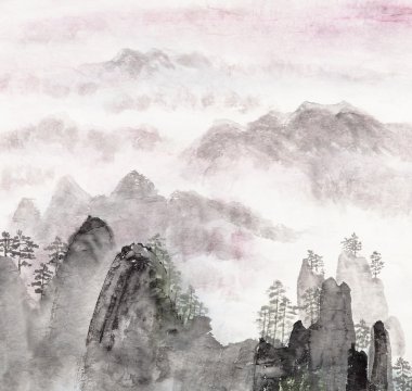 Chinese painting of high mountain landscape clipart