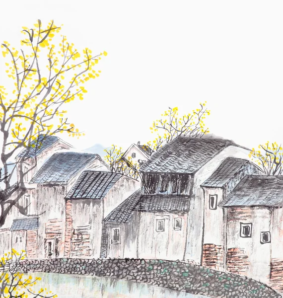 Pintura tradicional china del paisaje de la antigua casa de campo — Foto de Stock