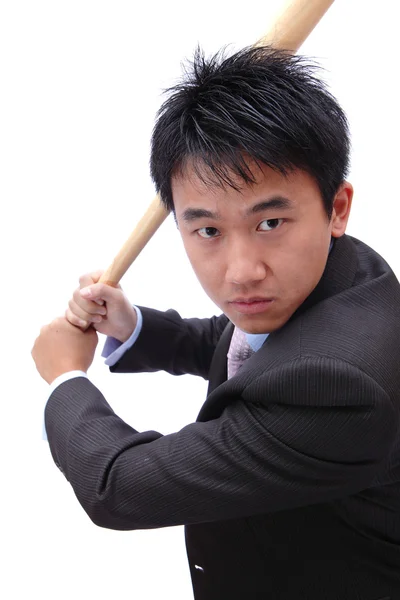 Obchodní muž držet baseballovou pálkou — Stock fotografie