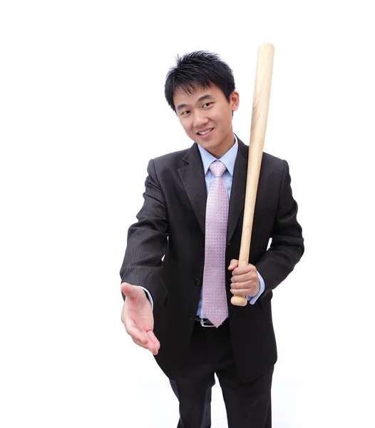 Business man handshake and holding baseball bat — Stock Photo, Image