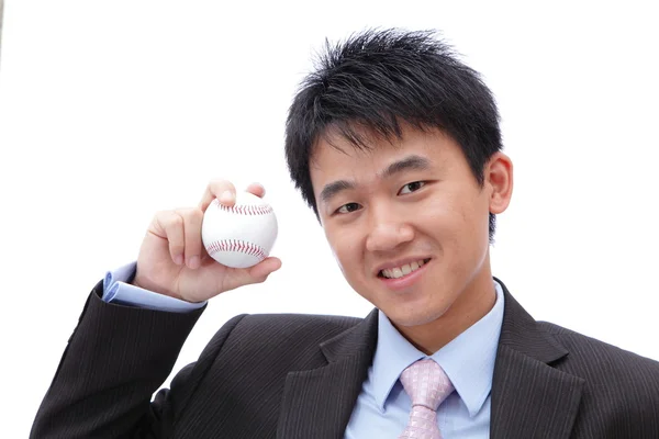 Člověk si baseball v ruce s úsměvem — Stock fotografie