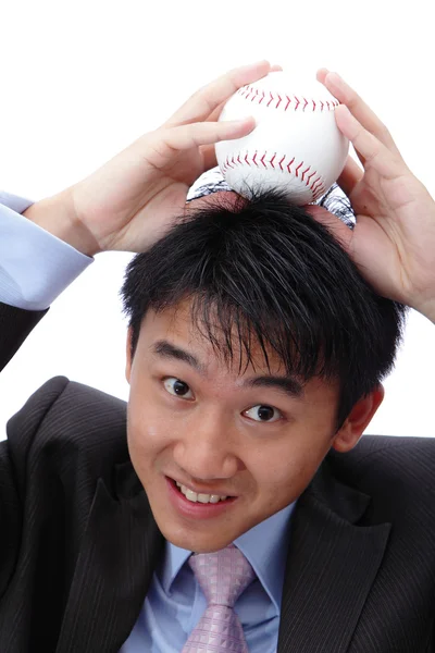 Business man put baseball on his head — Stock Photo, Image