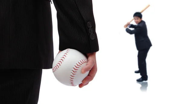 Jogue bola! Homem de negócios pegar beisebol — Fotografia de Stock