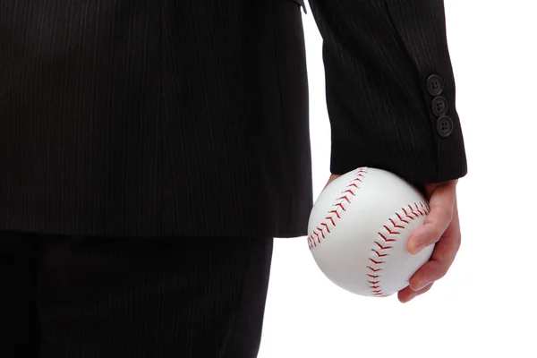 Homem de negócios tomar beisebol pronto para lançar — Fotografia de Stock