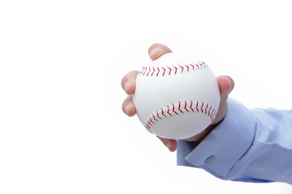 Homem de negócios mão segurando uma bola de beisebol — Fotografia de Stock