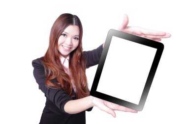 Business woman smile and showing tablet pc clipart