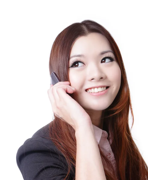 Podnikání žena šťastná, mluvící mobilní telefon — Stockfoto
