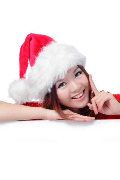 Weihnachten glückliche Schönheit zeigt Werbetafel — Stockfoto