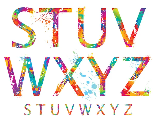 Font - färgglada bokstäver med droppar och stänk från s till z. vec — Stock vektor