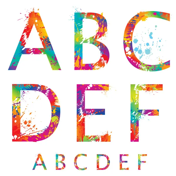 Font - Lettere colorate con gocce e spruzzi dalla A alla F. Vec Illustrazioni Stock Royalty Free
