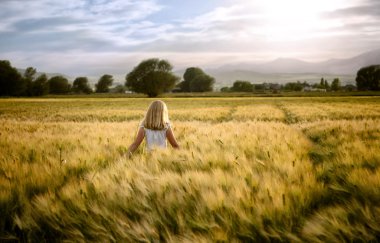 Girl or teen walking through wheat field clipart