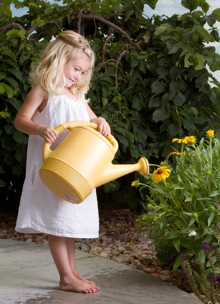 Молодая девушка поливает цветы — стоковое фото