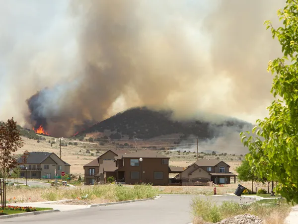 Fuego salvaje o incendio forestal pone en peligro el vecindario — Foto de Stock