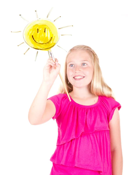ウィンドウの上に少女絵画太陽 — ストック写真