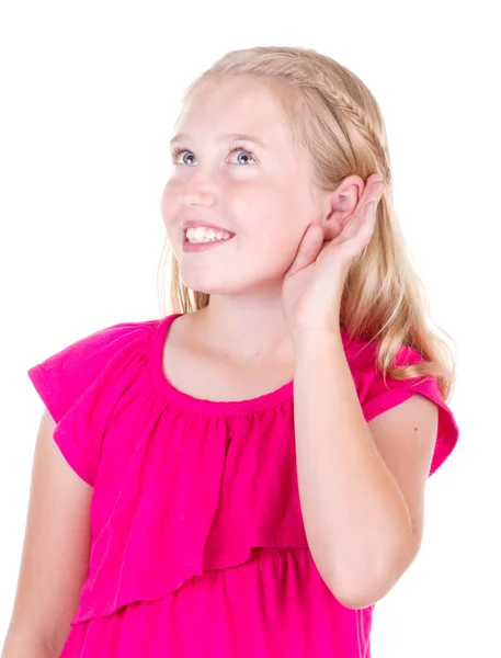 Κοπέλα που κρατά αυτί ακρόαση — Φωτογραφία Αρχείου