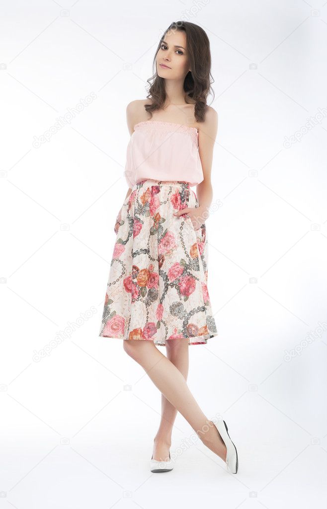 Pretty brunette girl stylish fasion model in dress