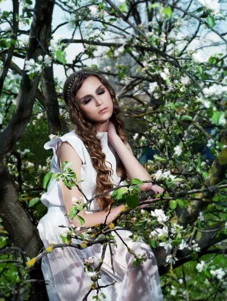 Blühender Garten. hübsche Braut Mädchen sitzend — Stockfoto
