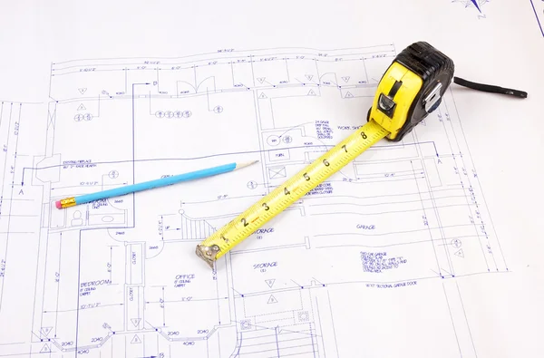 stock image Building plans and tape measure