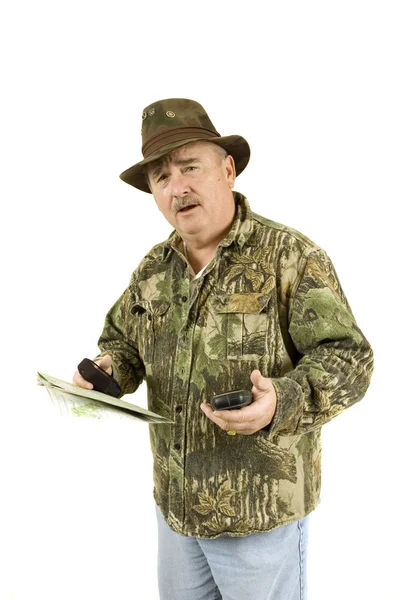 Hunter with GPS and map — Stock Photo, Image