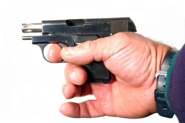 Kleine halbautomatische Pistole in der Hand isoliert — Stockfoto