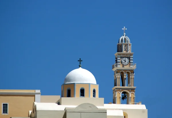 Bell tower with clock and dome on the greek island of Santorini — Stock Photo, Image
