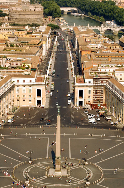View from the top of San Pietro (The Vatican) in Rome looking down via Vaticano towards Castel St. Angelo