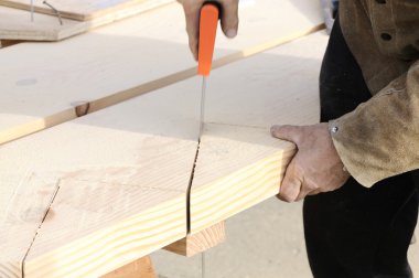 Carpenter checking teeth on saw clipart