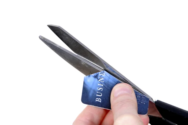 Woman cutting cut credit card - isolated — Stock Photo, Image