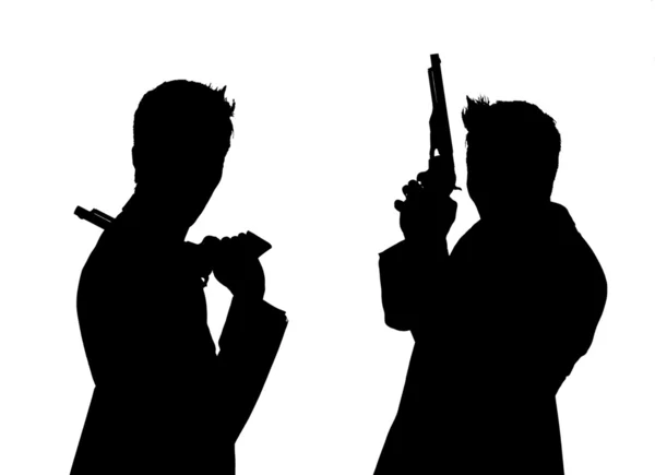 Silueta dvojice mužů s pistolí — Stock fotografie