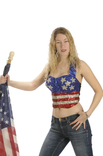 Patriota americano feminino atraente com bandeira — Fotografia de Stock
